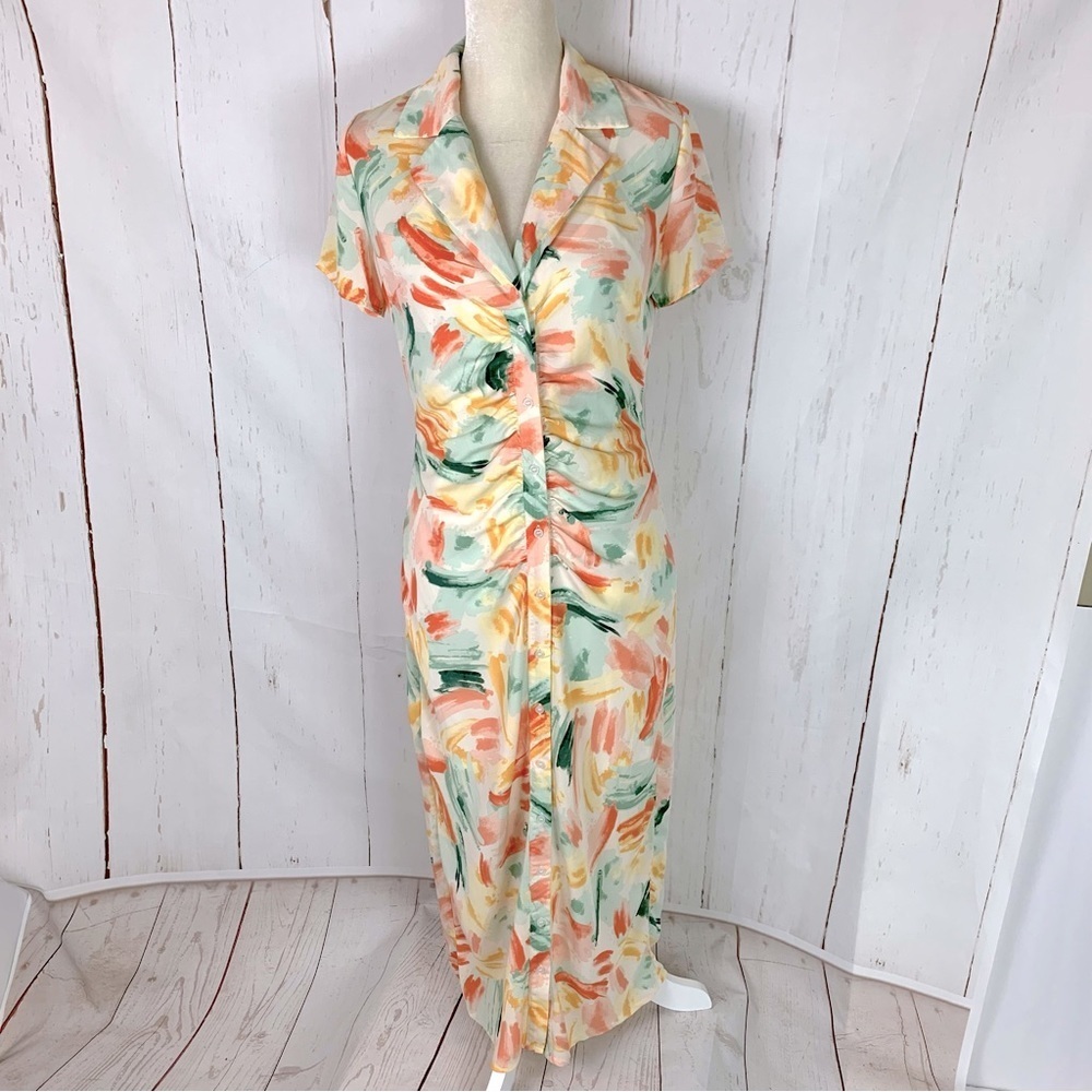 FORE Watercolor print maxi dress medium short sleeves draped tropical resort